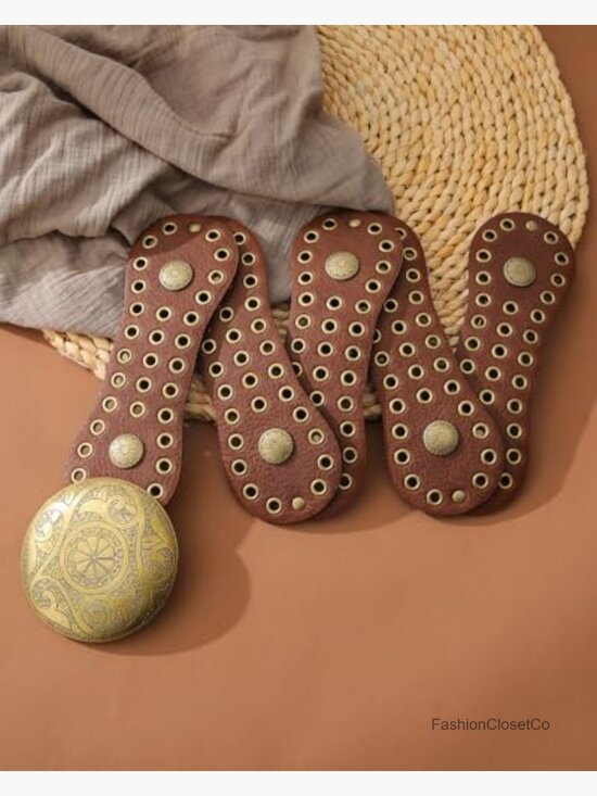Wide Western Belt with Vintage Concho Buckle - Faux Leather